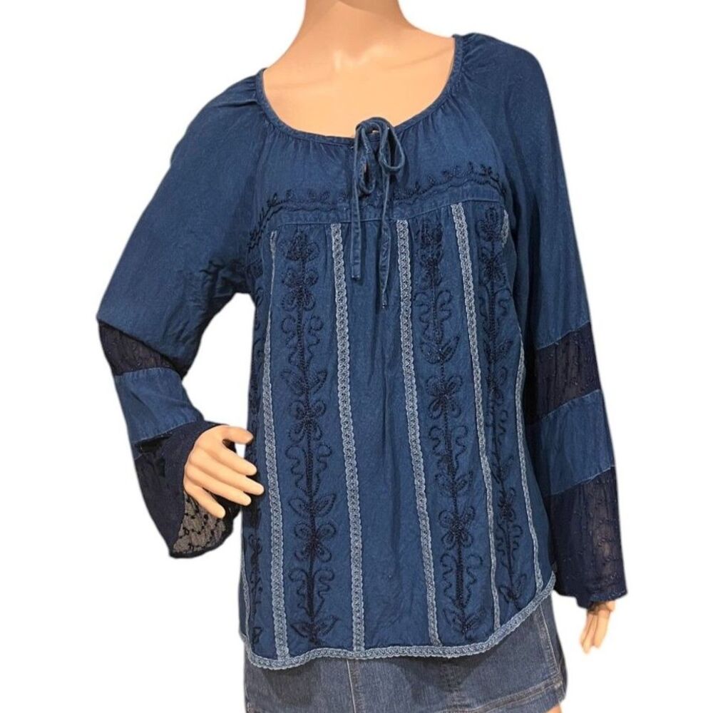 STUDIO WEST APPAREL Women's Blue BOHO Flowy Tunic Top Sz M
